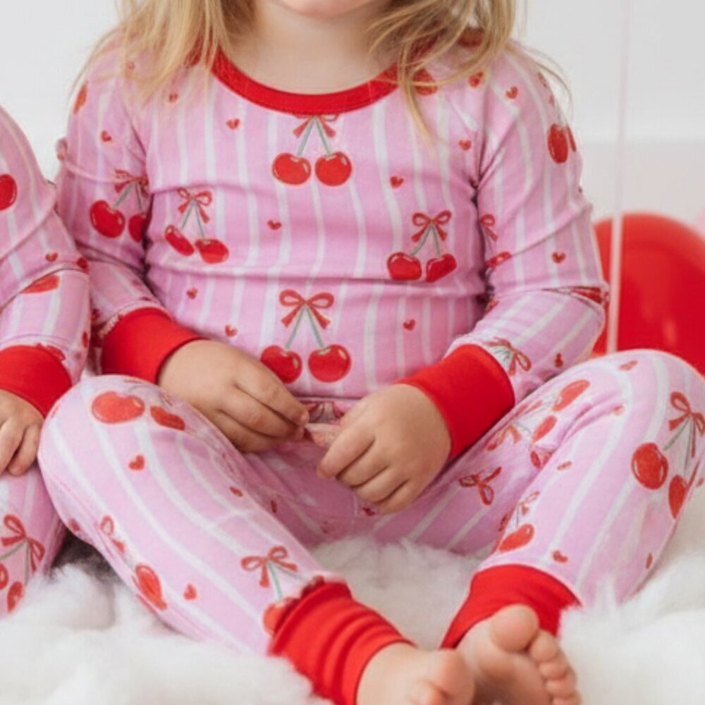 Cherry Hearts Bamboo Toddler Pajamas 3T | Cherry Print 2-Piece Set NWT - Picture 2 of 4